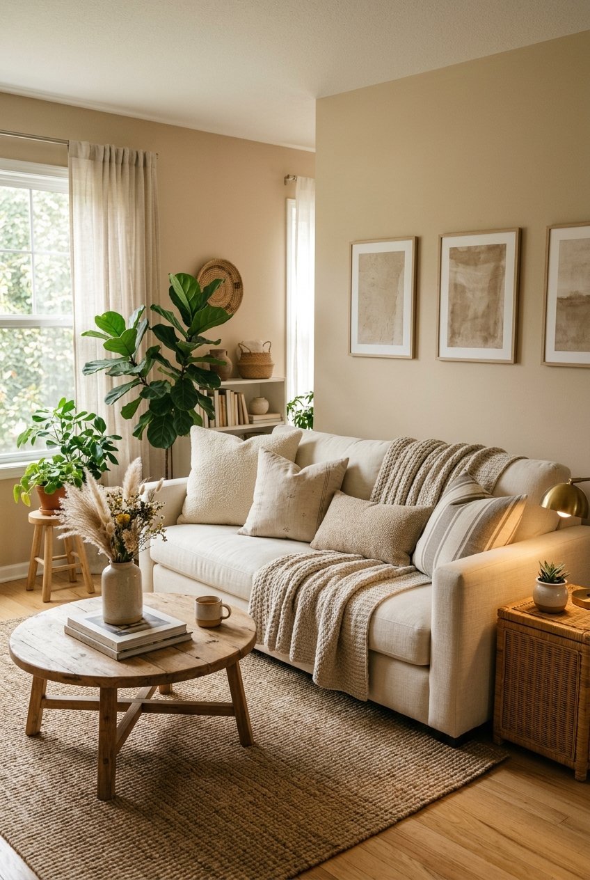 Neutral color palette in a small apartment living room