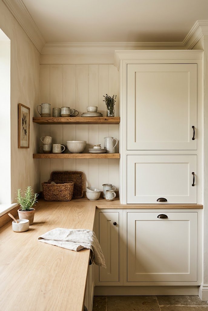 Kitchen with open shelving mixed with closed cabinet storage