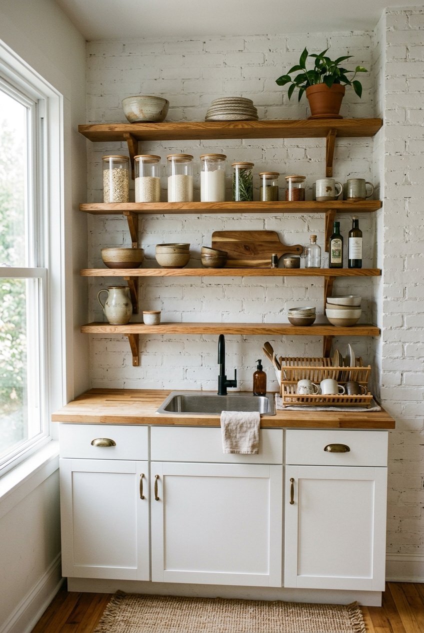 Open wood shelving installed on one wall of a small kitchen