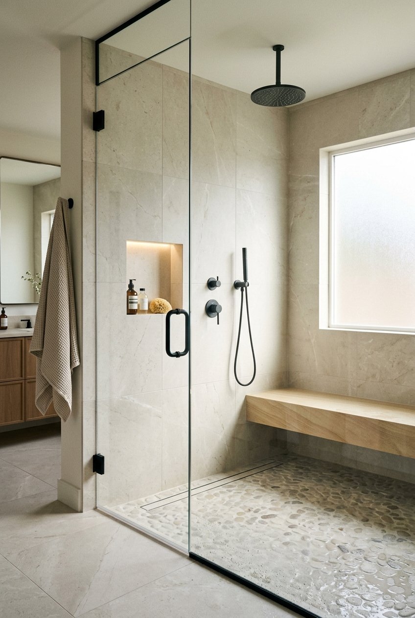 Oversized walk-in shower with a built-in bench in a luxury bathroom