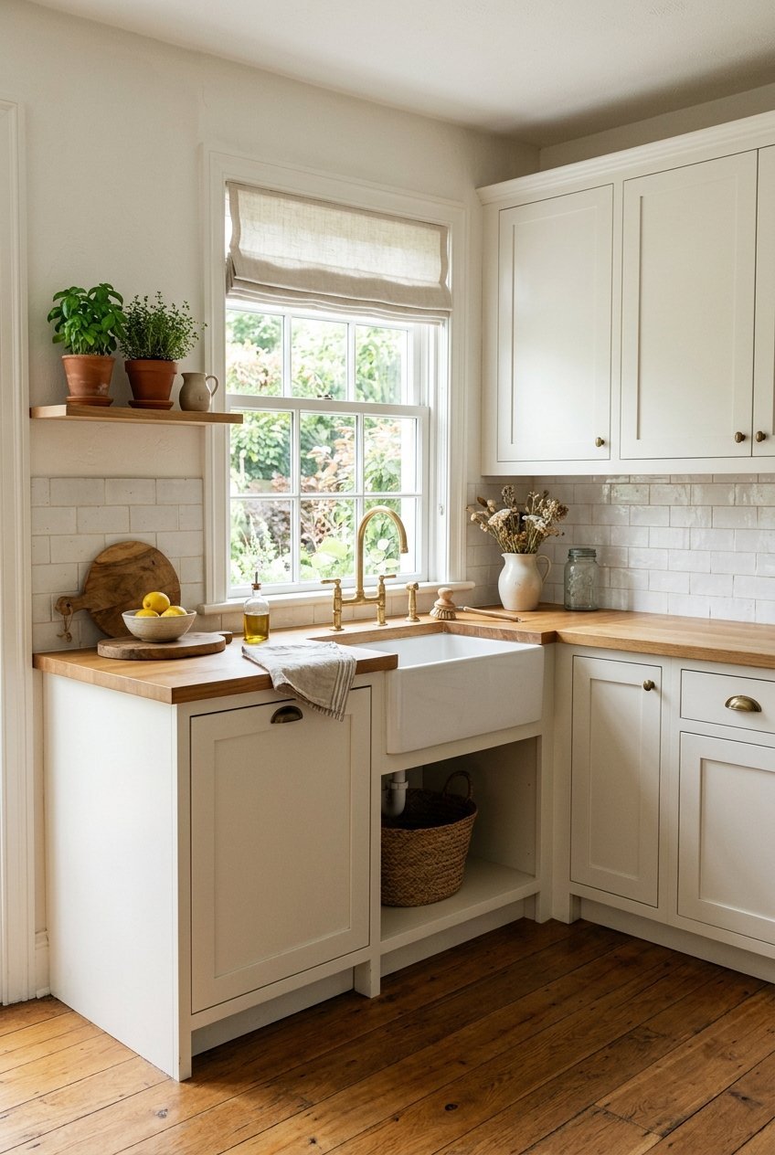 Freshly painted white kitchen cabinets in a small apartment kitchen