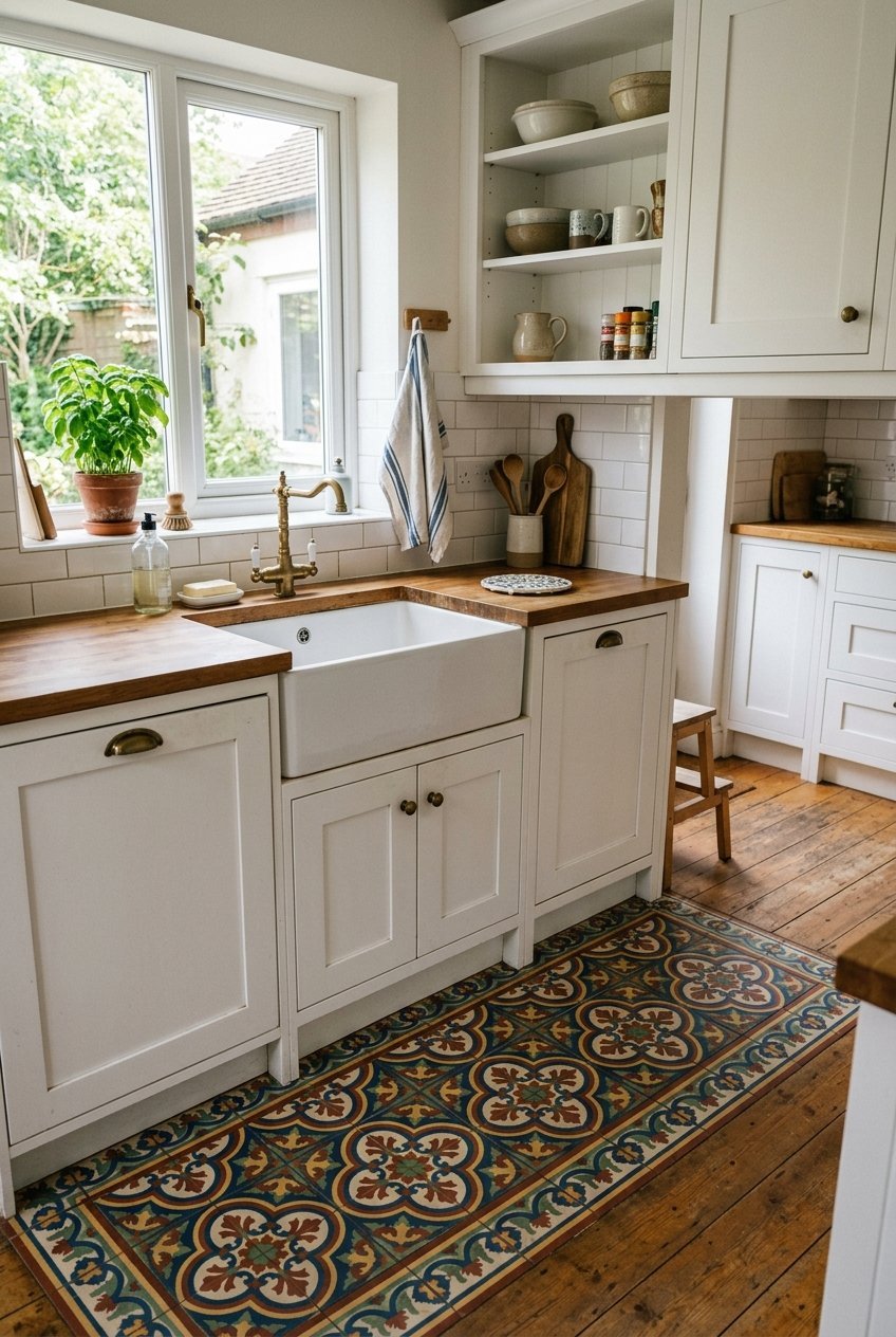 Patterned encaustic style tile flooring in a kitchen