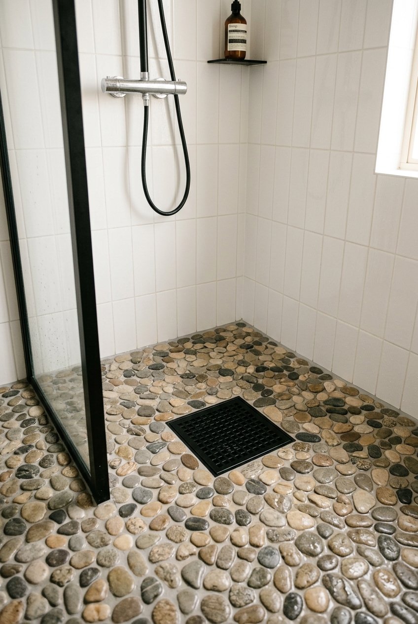 Natural pebble stone floor tile in a walk-in shower