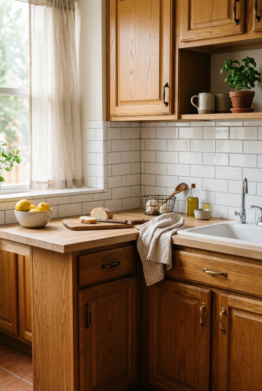 Peel and stick tile backsplash installed in a small kitchen