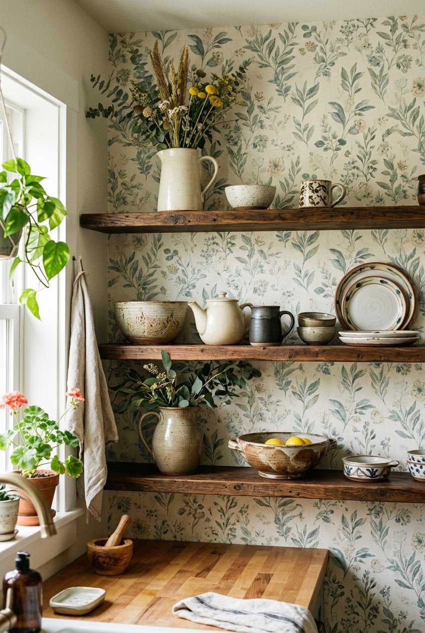 Removable wallpaper lining the back of open kitchen shelves
