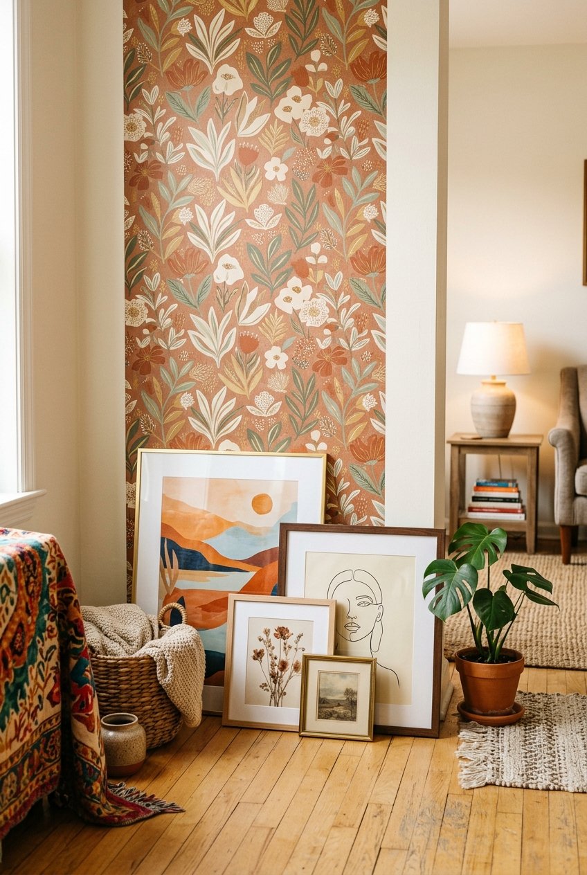 Renter friendly removable wall decor and art in an apartment