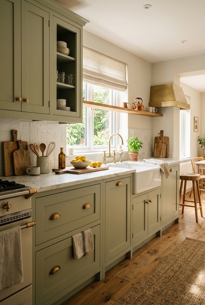 Shaker style kitchen cabinets in soft sage green with brass hardware