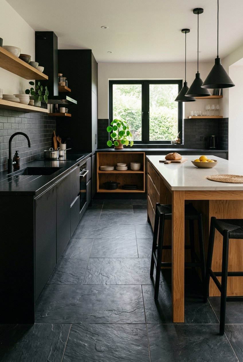 Bold slate look tile flooring in a modern dark kitchen