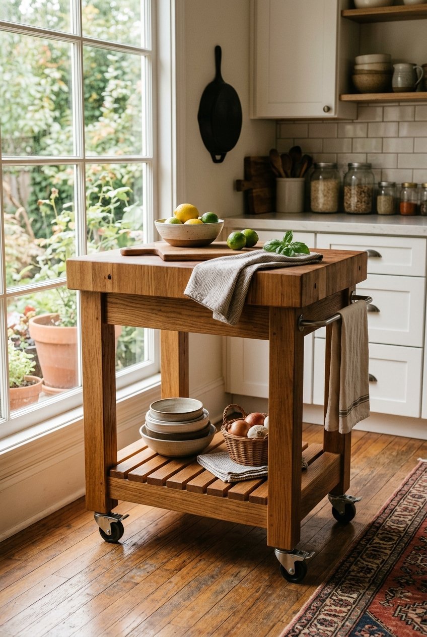 Small rolling kitchen cart used as an island in a compact kitchen