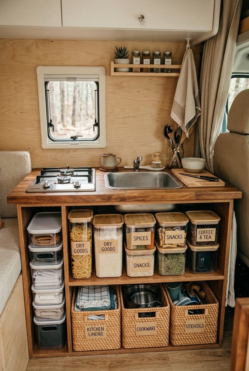Stackable storage bins organized under a camper kitchen counter
