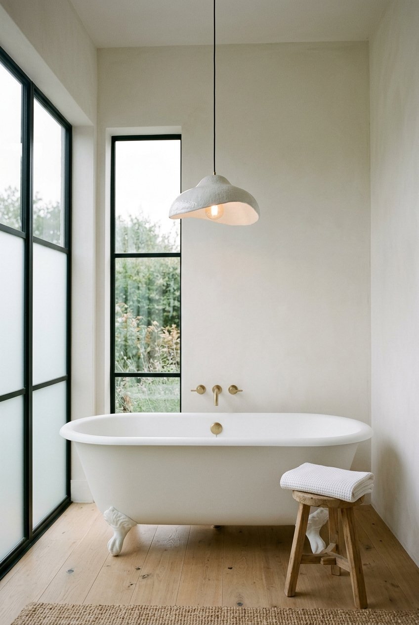 Statement pendant light fixture hanging over a luxury bathtub