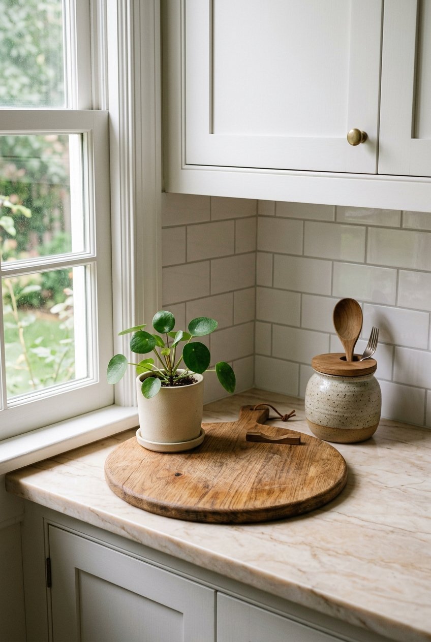 Styled clutter free kitchen counter with a few curated items