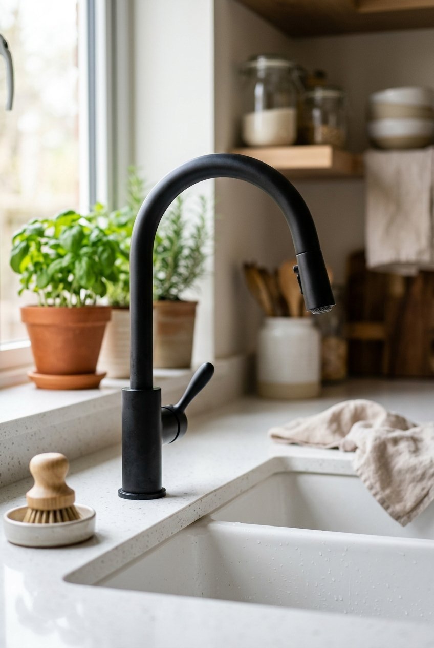 Stylish matte black faucet upgrade on a small kitchen sink