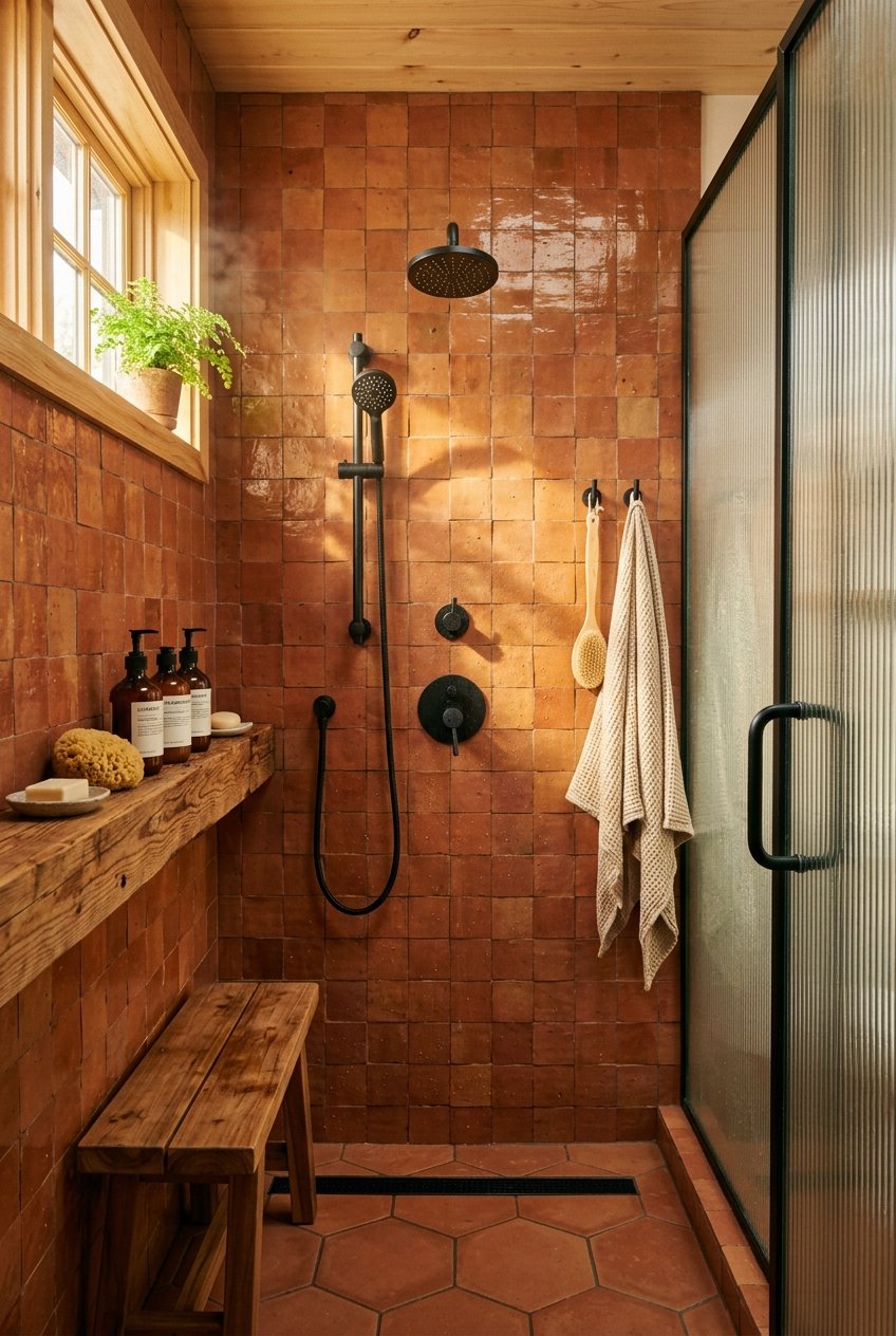 Warm terracotta tile shower with earthy natural tones