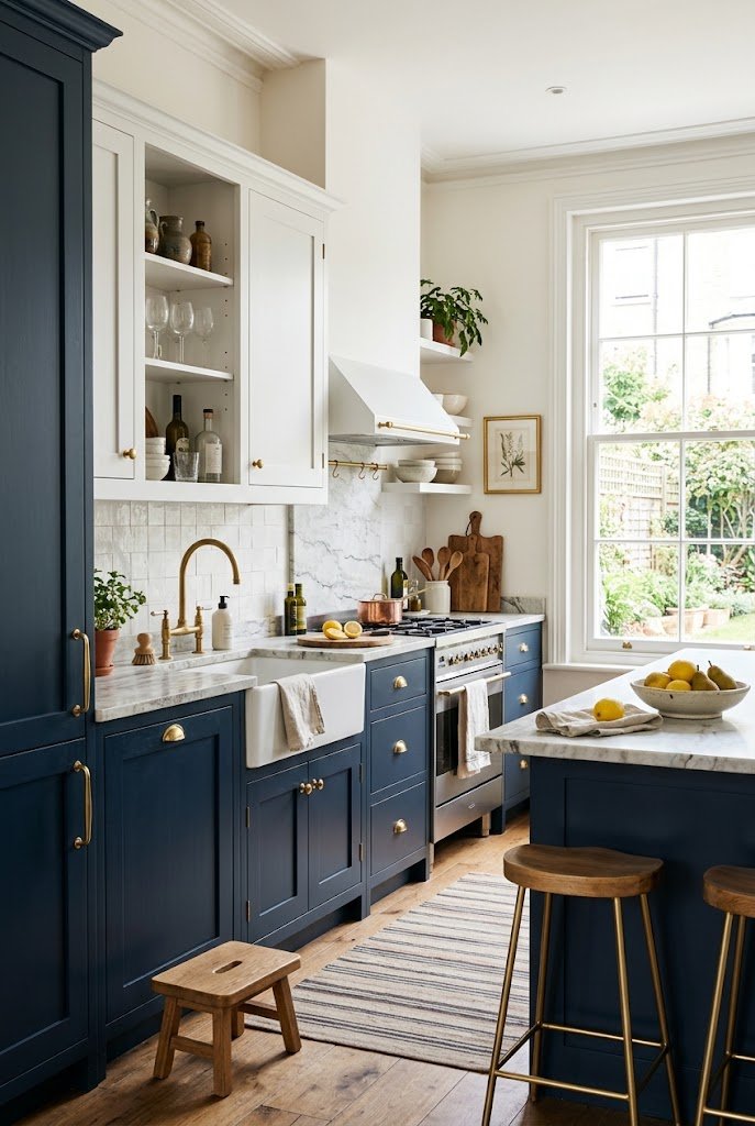 Two-tone kitchen cabinet design with navy lower cabinets and white upper cabinets