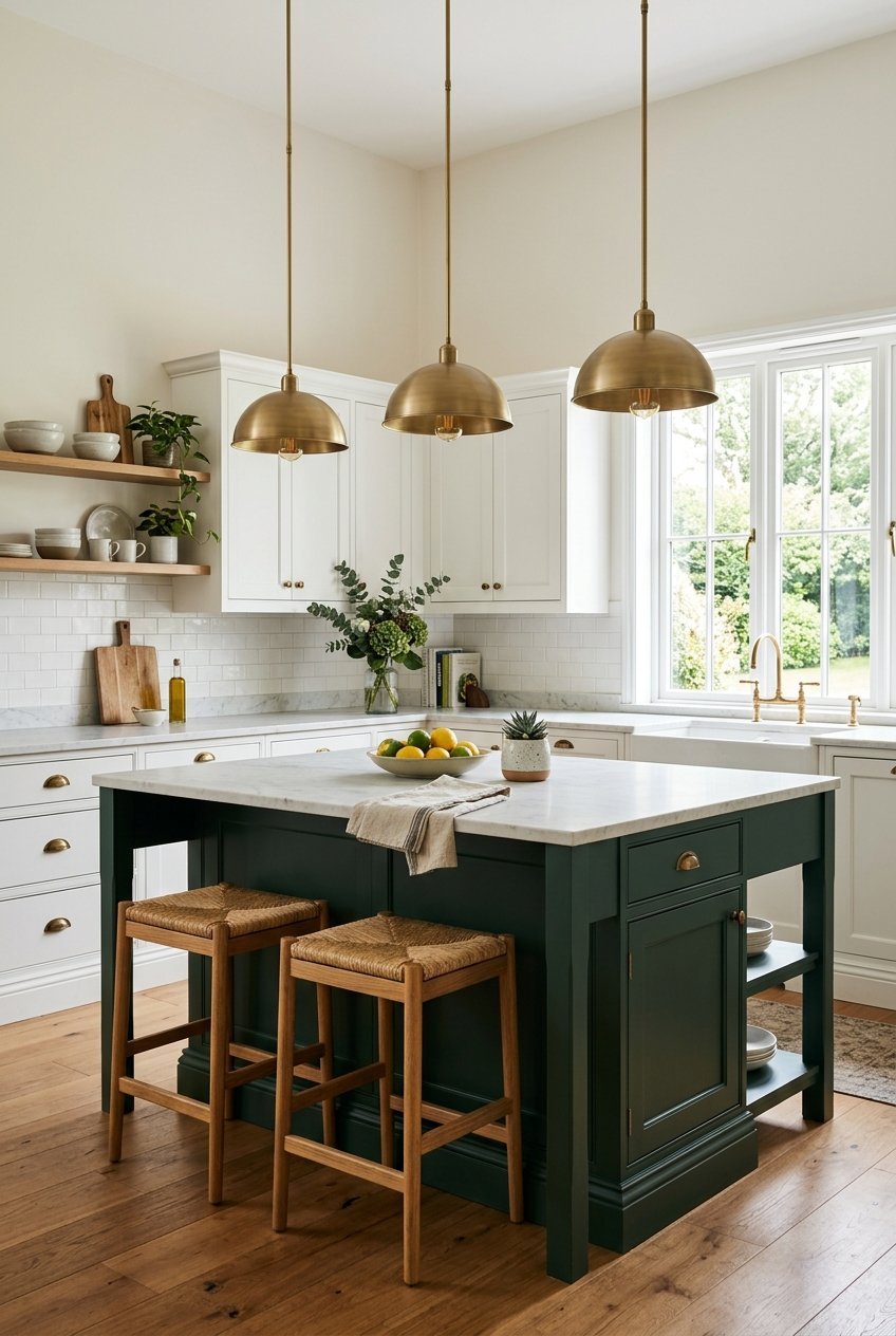 Two-tone kitchen island in deep green with white perimeter cabinets