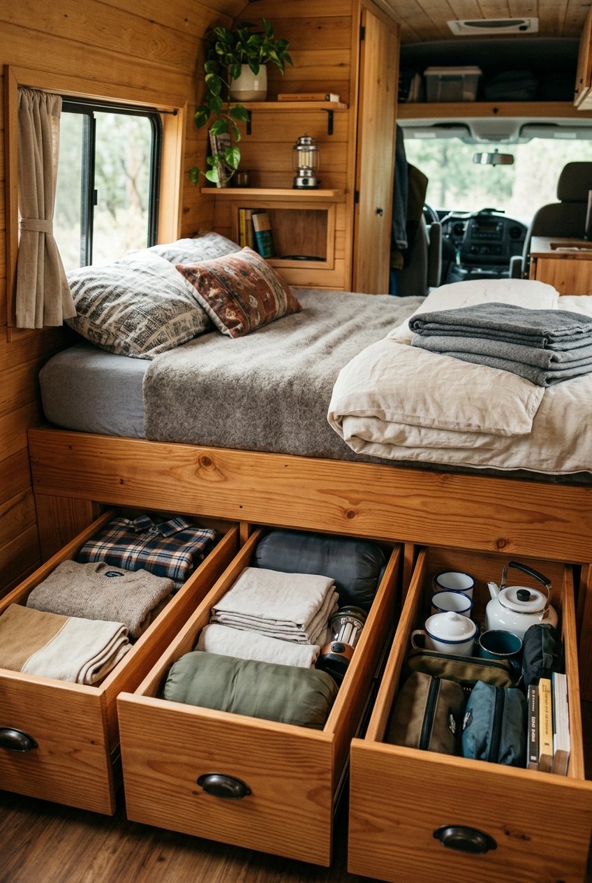 Under bed storage drawers pulled out in a camper interior