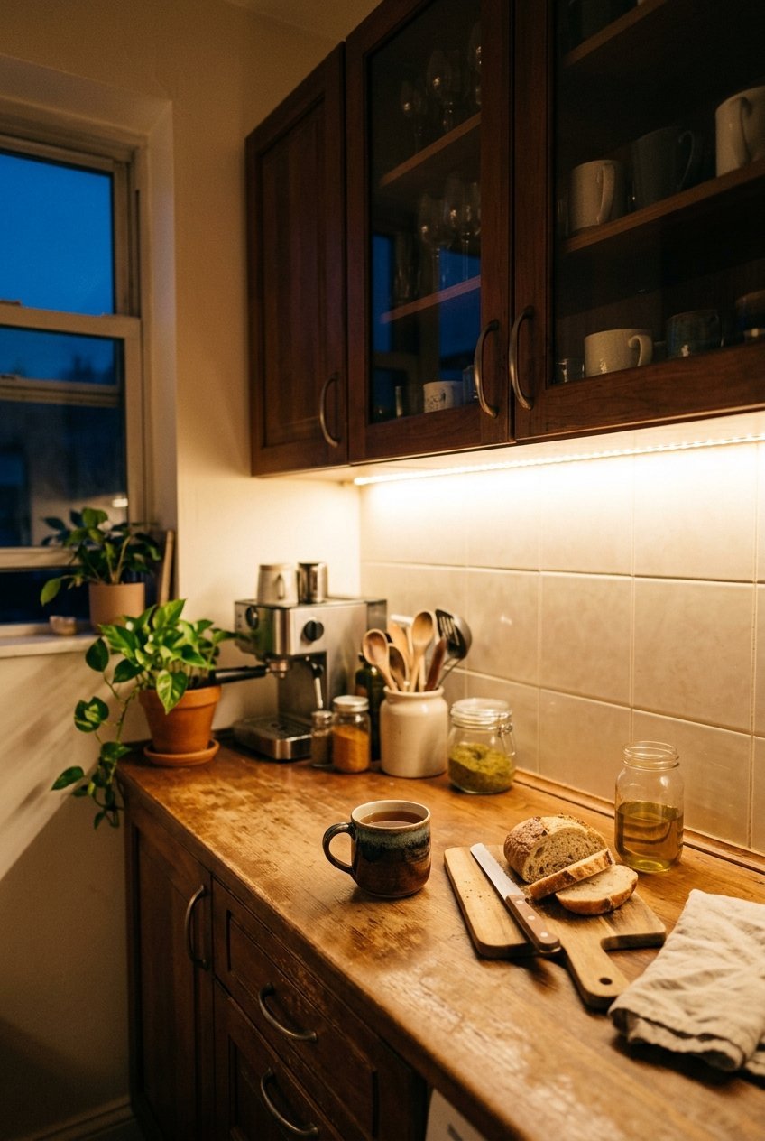 Under cabinet LED lighting illuminating a small kitchen counter