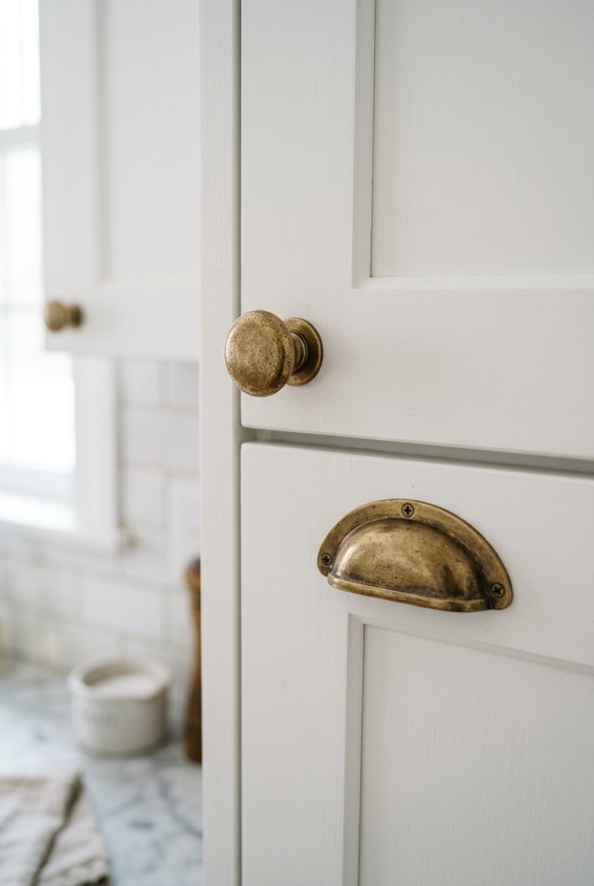 Updated brass cabinet hardware on kitchen cabinet doors
