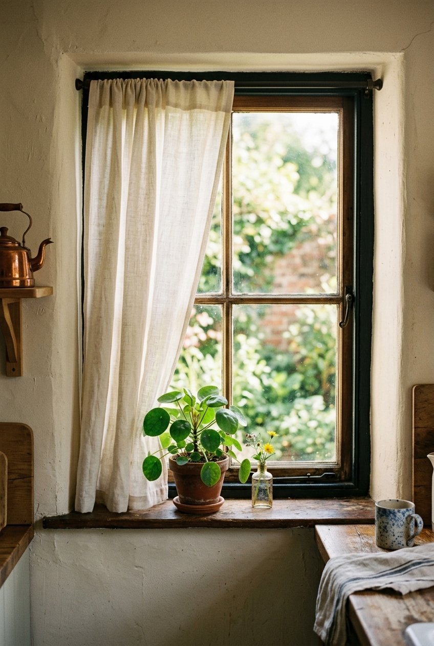 Updated linen curtains over a small kitchen window