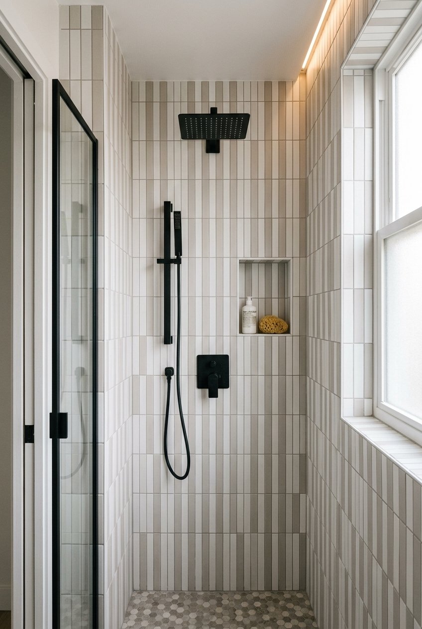 Vertical stacked tile shower design adding height to a small bathroom