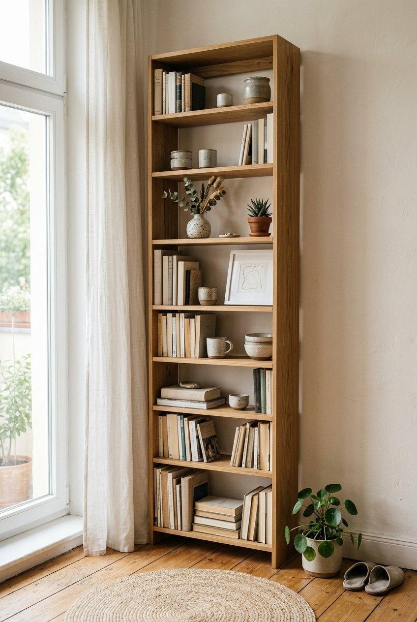 Tall vertical shelving unit saving floor space in a small apartment