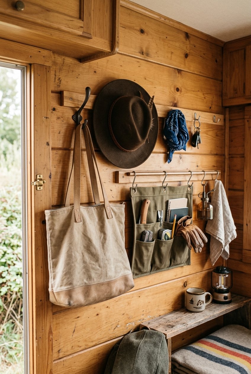 Vertical wall storage with hooks for hanging camper gear