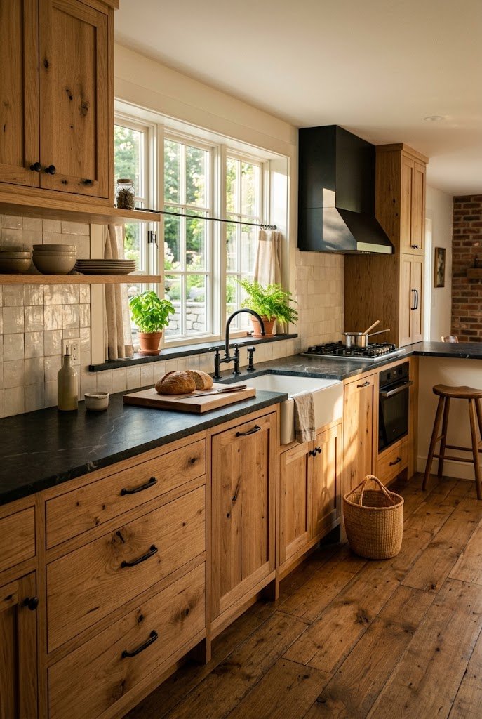 Warm wood tone kitchen cabinets with natural oak grain