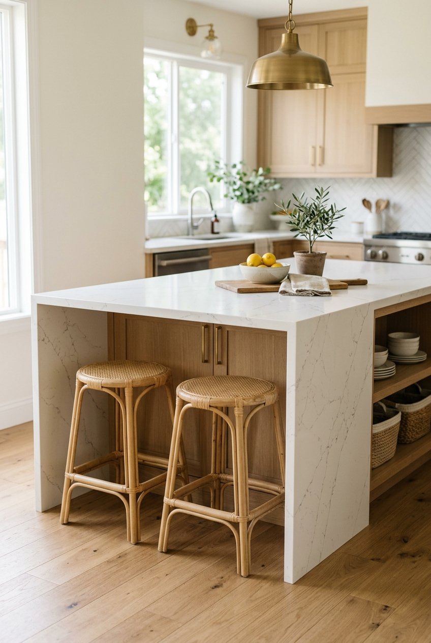 Waterfall edge stone countertop on a kitchen island