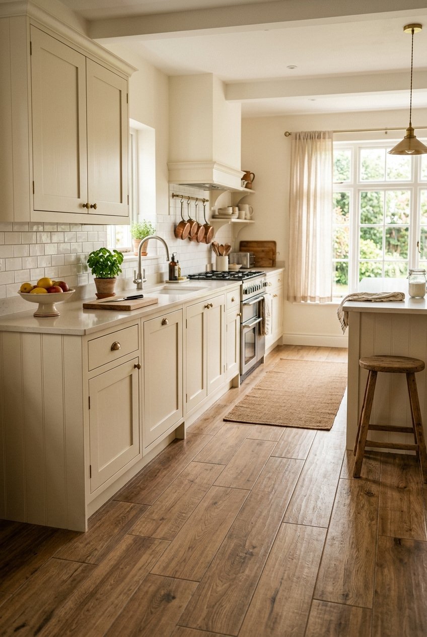 Wood look porcelain tile flooring in a kitchen