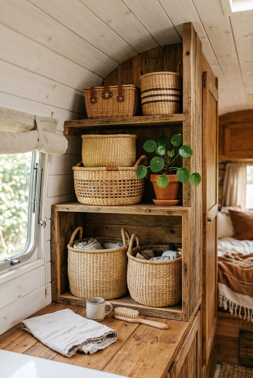 Woven storage baskets organized on open camper shelving
