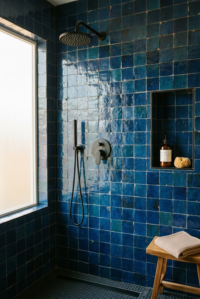 Bold blue zellige tile shower wall with handmade texture