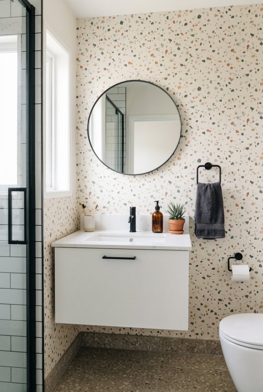Abstract terrazzo style wallpaper in a modern small bathroom