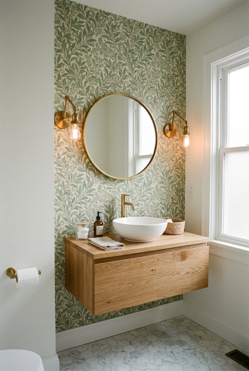 Patterned accent wall behind a floating vanity and round mirror in a small bathroom