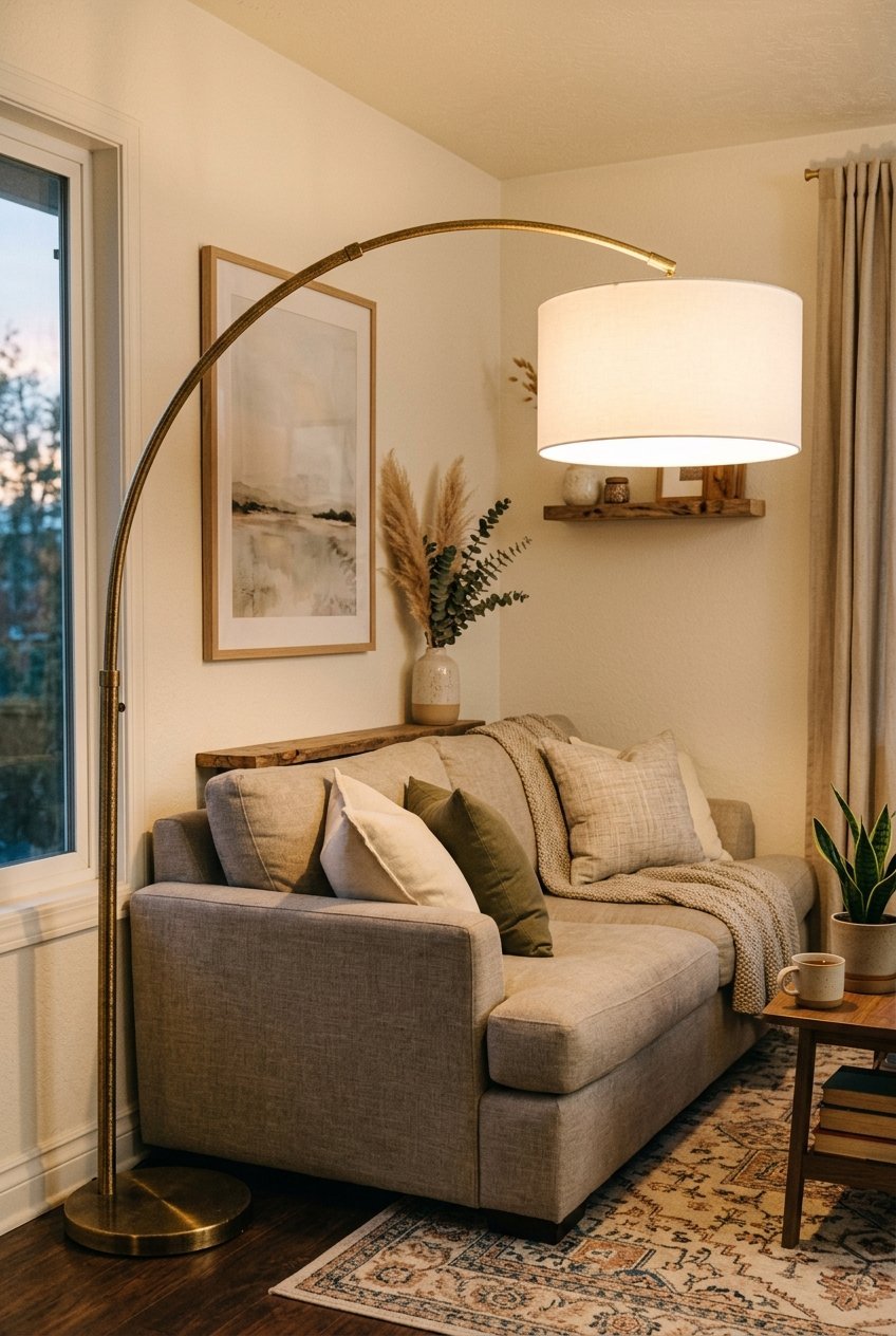 Brass arc floor lamp arching over a sofa in a modern living room