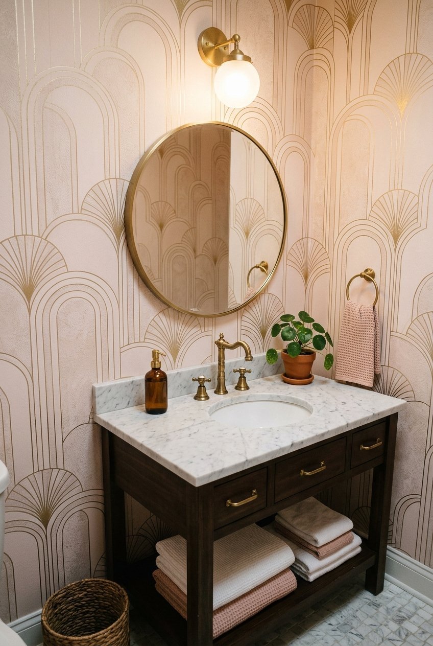 Art deco scallop wallpaper in blush and gold in a small bathroom
