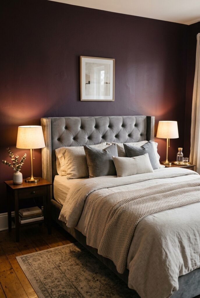 Aubergine plum bedroom with velvet headboard and brass accents