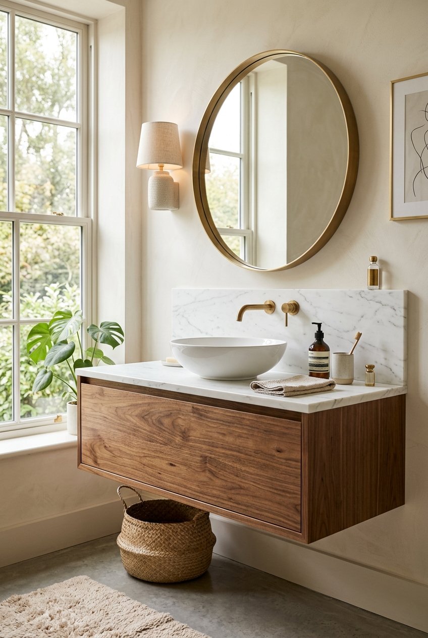 Bathroom vanity styles shown in a collage-style hero with a modern floating wood vanity