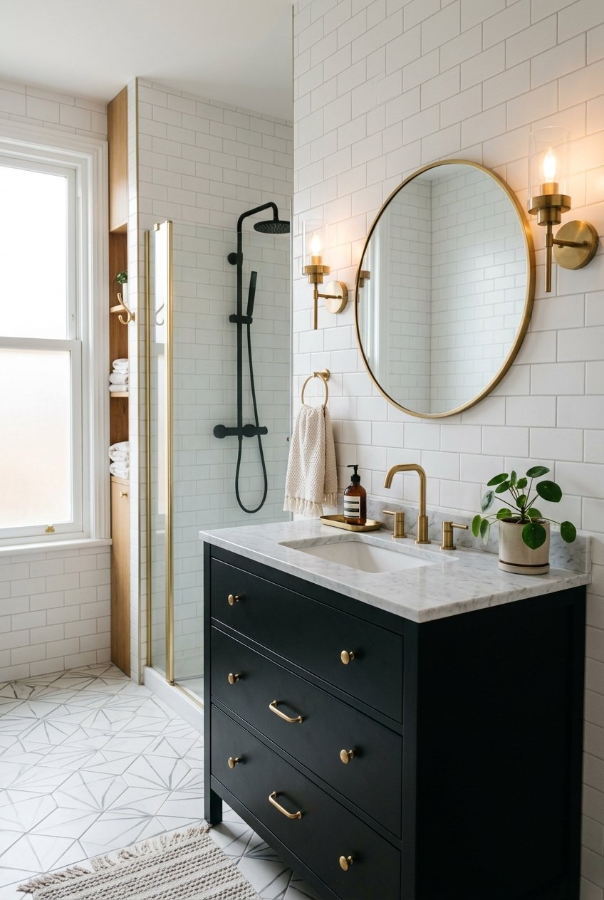 Bold black bathroom vanity with brass fixtures
