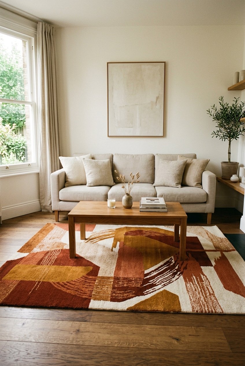 Bold abstract rug adding color to a neutral living room