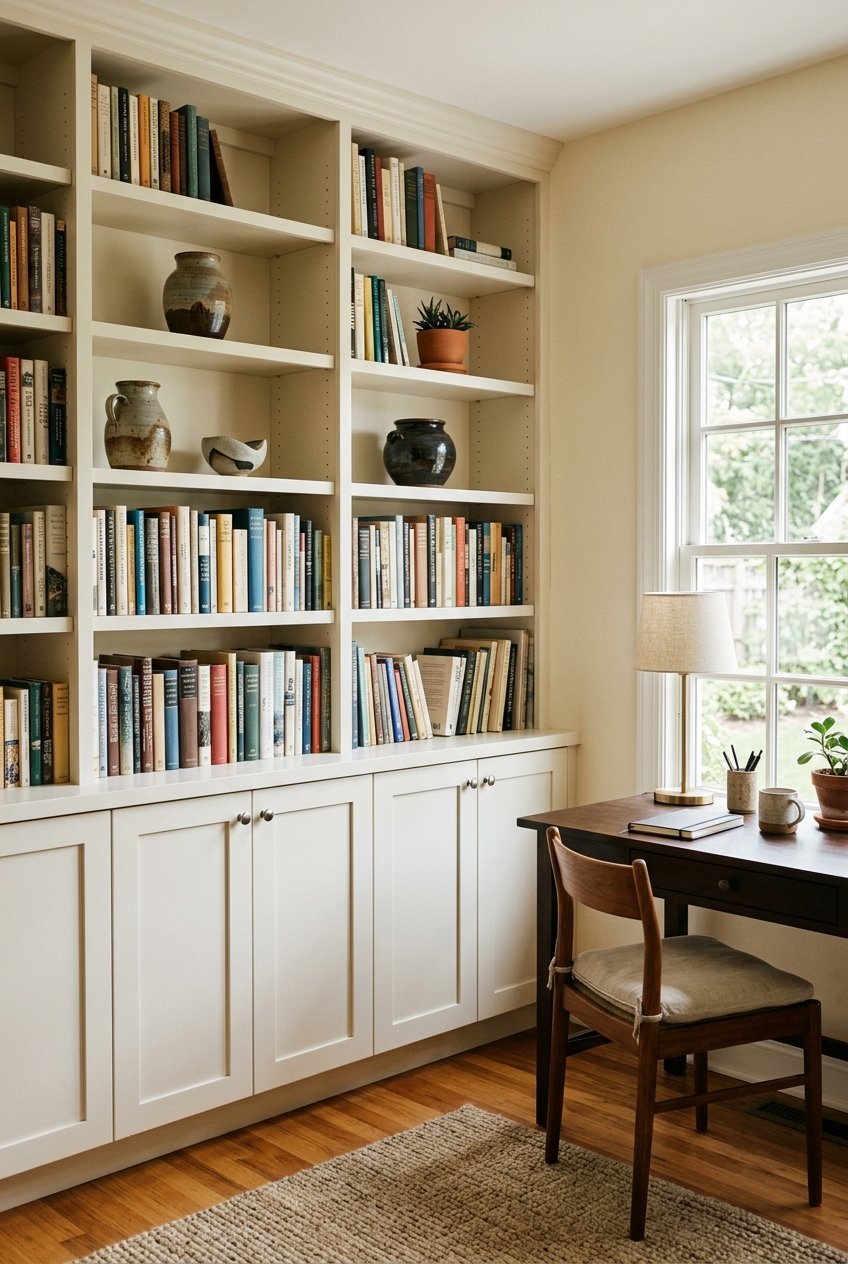 Built in shelves and closed cabinets storing office supplies and guest linens