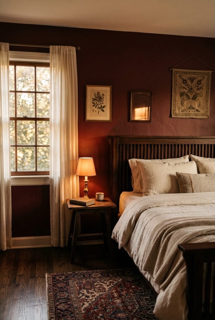 Burgundy bedroom with oxblood walls and cream linen bedding
