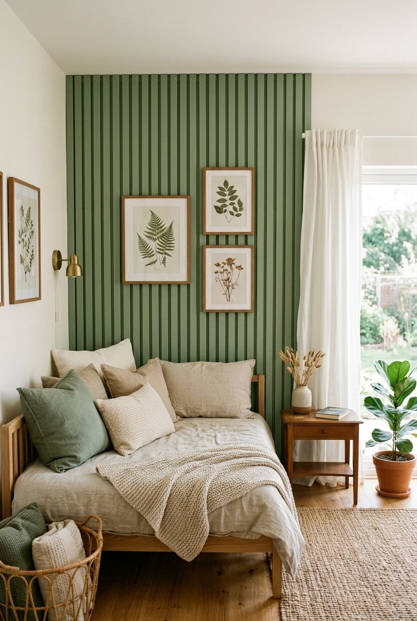 Sage green slat accent wall behind a daybed in a calm home office guest room
