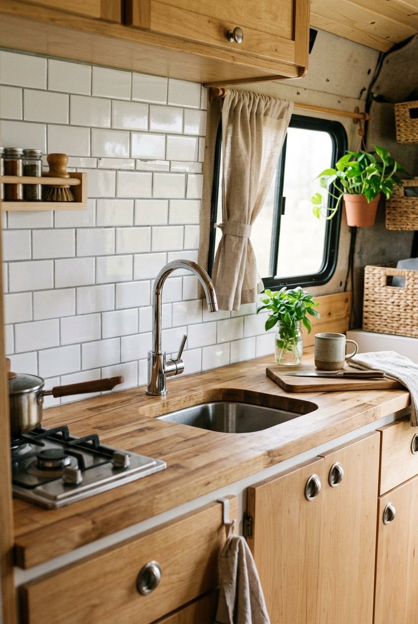 Camper kitchen counter with a peel and stick tile backsplash and a refreshed countertop