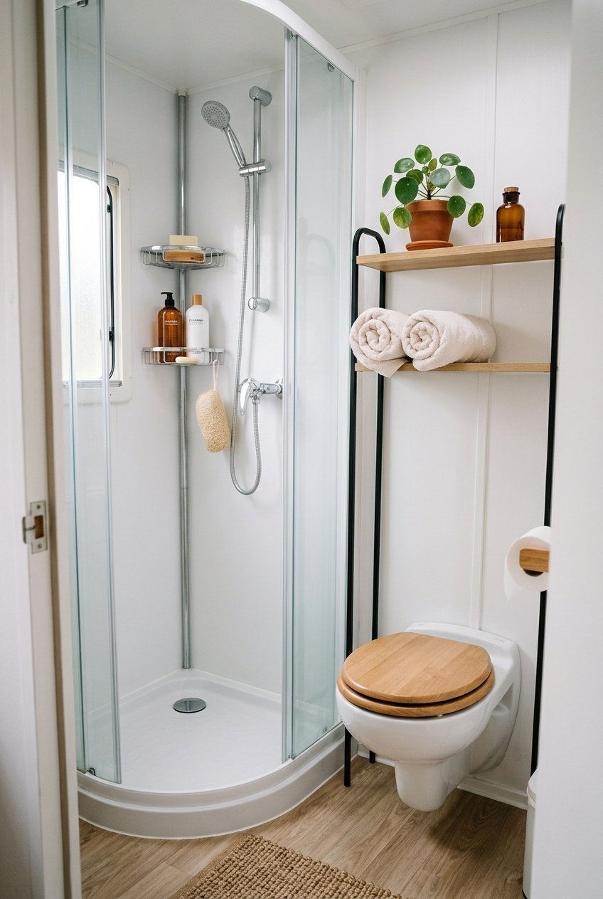 Over the toilet shelf and shower caddy storing towels and toiletries in a camper bathroom