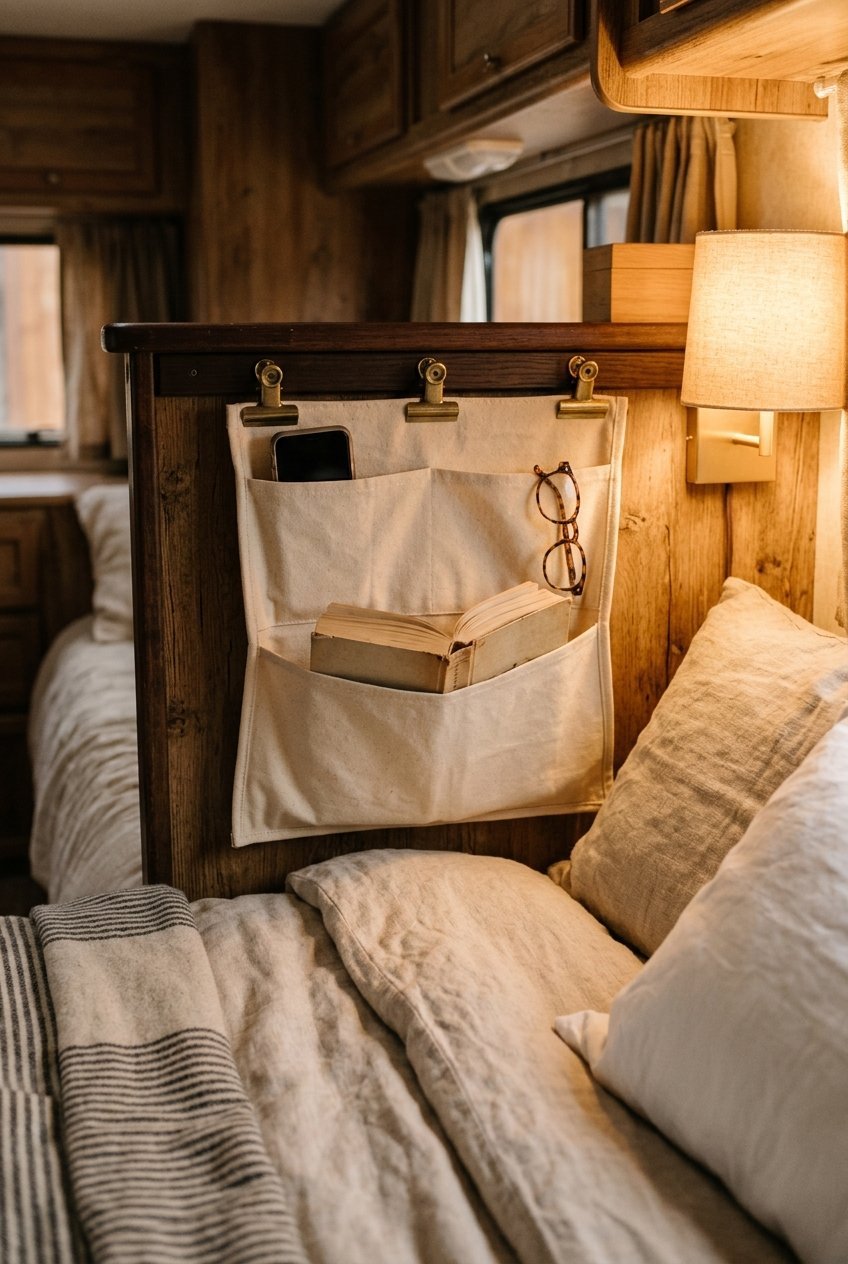 Hanging bedside organizer holding a phone, book, and glasses in a camper bed