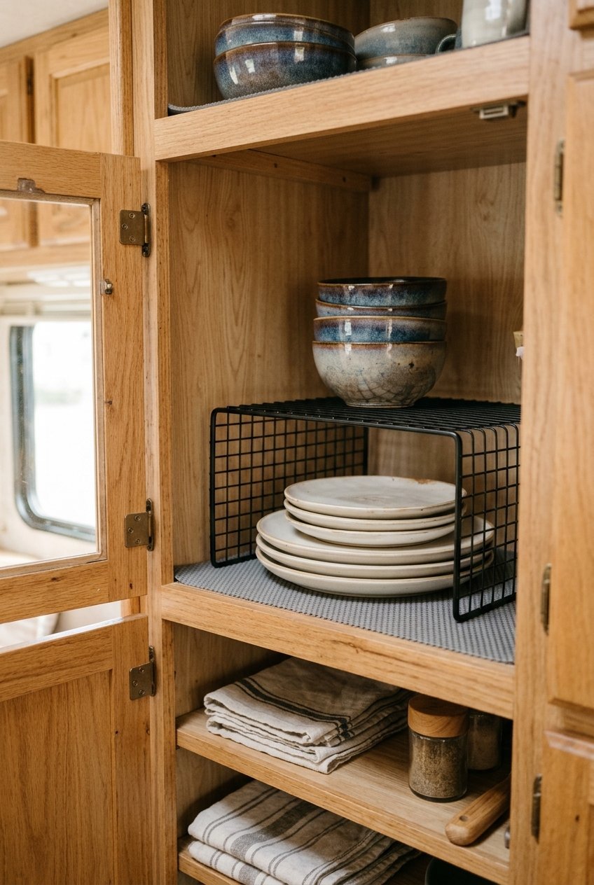 Shelf risers doubling storage space inside a camper kitchen cabinet