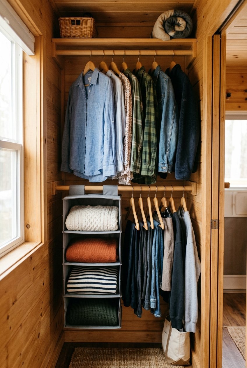 Camper closet with a double hanging rod and fabric shelf organizer