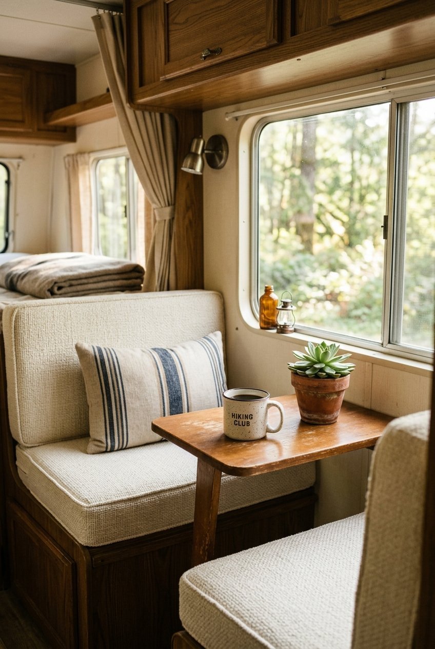 Camper dinette with new neutral cushions and a patterned throw pillow