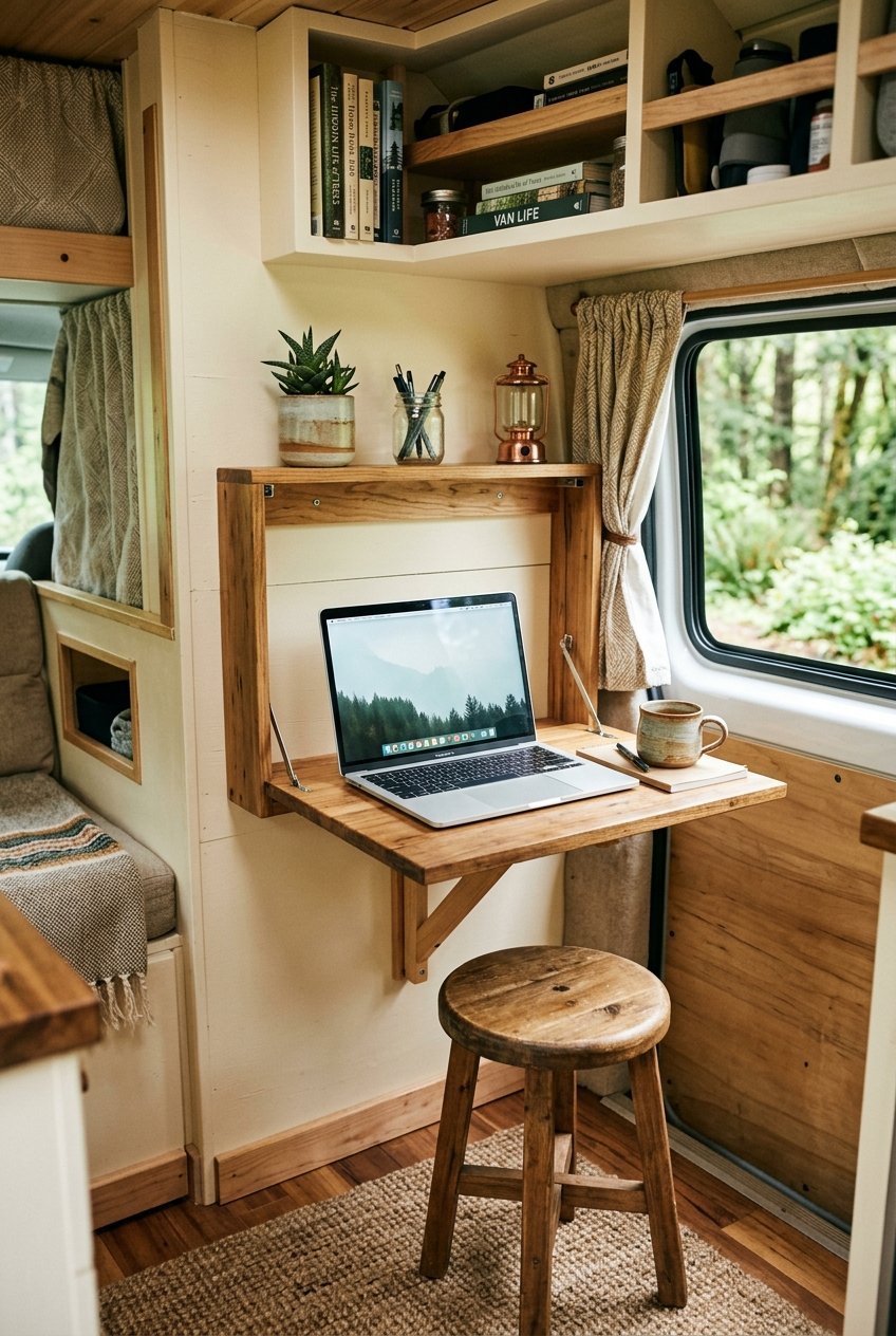 Camper layout with a fold down desk workspace replacing unused seating